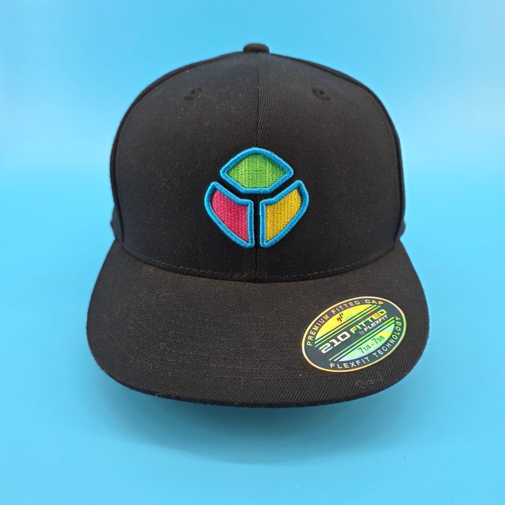 Flexfit 210 Fitted Hat Black Multi Color Embroidered Logo Cap Size 7 1/4-7 5/8